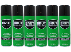 Brut deodorant aerosol bottle shows classic scent for all-day freshness.
