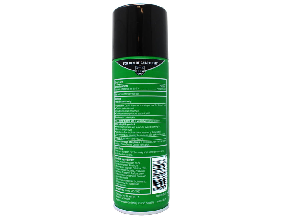 Brut deodorant aerosol spray action suggests quick, even application.