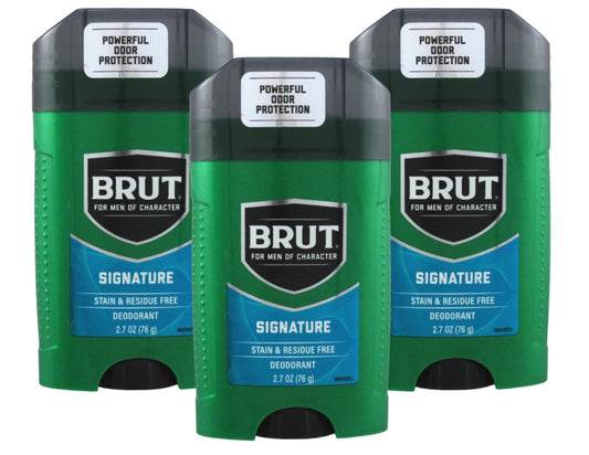 Brut deodorant oval solid classic scent 3-pack front view with all-day protection.