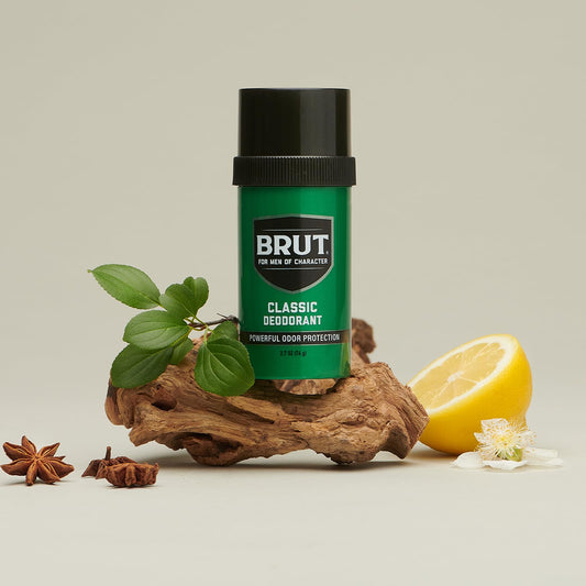 BRUT original fragrance deodorant stick 8-pack with visible stick for quick application.