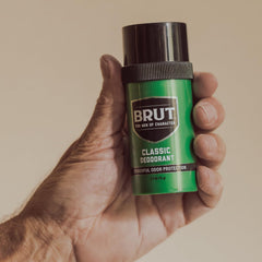 BRUT original fragrance label closeup highlighting classic branding.