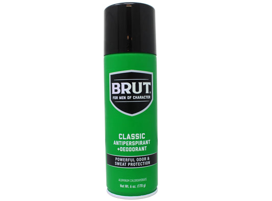 BRUT label close-up showing TRIMAX protection and classic branding.