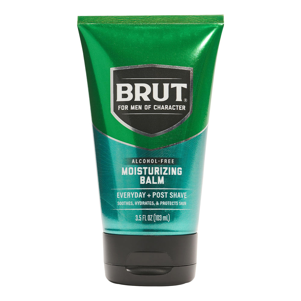 Brut Moisturizing Balm bottle pour shows grease-free hydration after shaving.