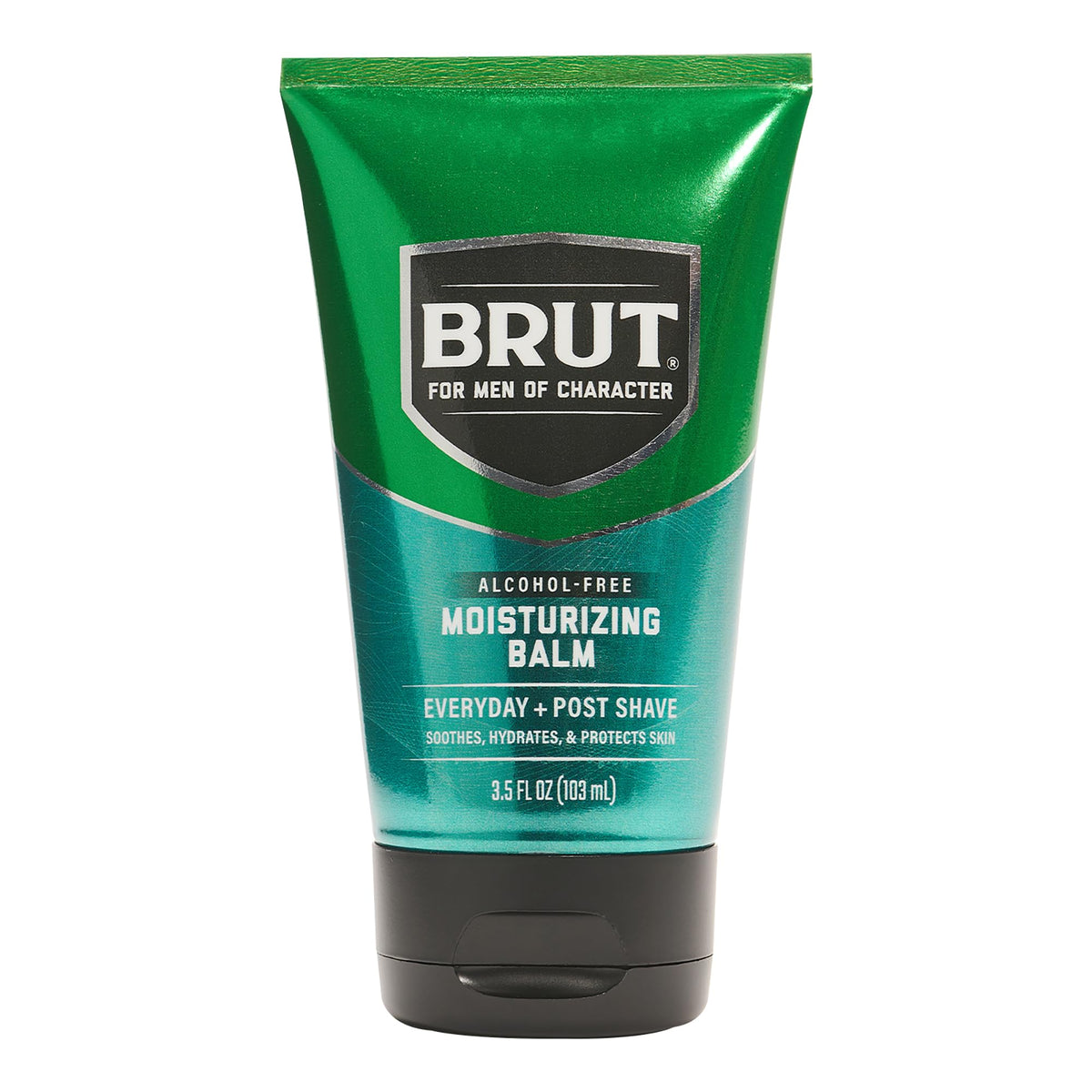 Brut Moisturizing Balm bottle pour shows grease-free hydration after shaving.