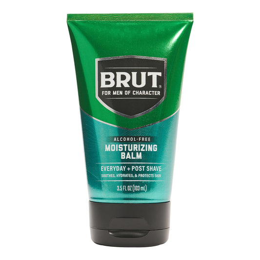 Brut Moisturizing Balm bottle pour shows grease-free hydration after shaving.