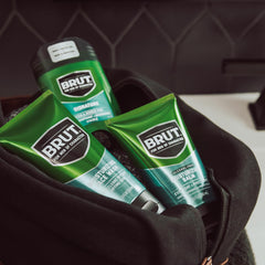 Brut Moisturizing Balm sleek packaging for masculine grooming.