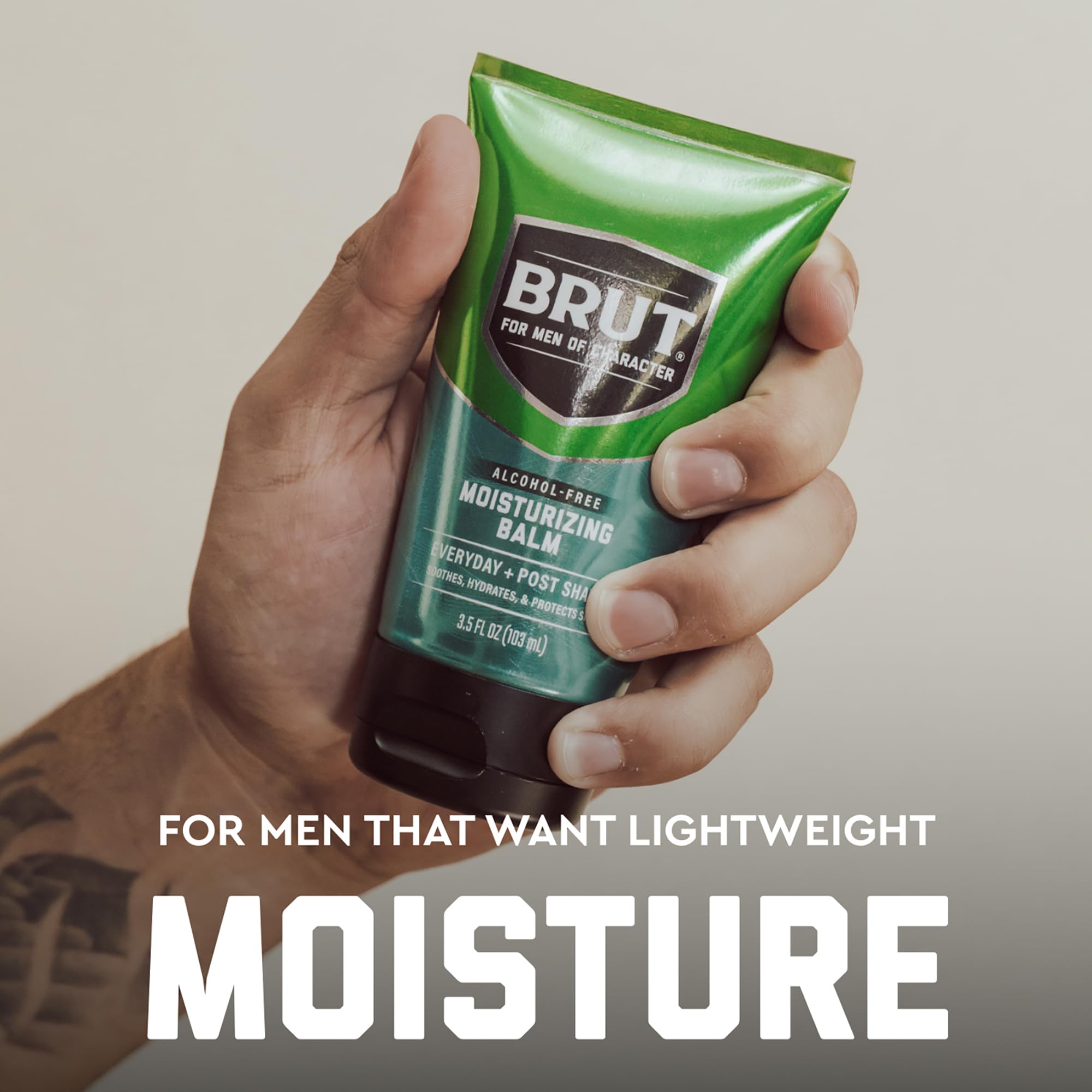Brut Moisturizing Balm quick-absorption hydrates skin after shave.
