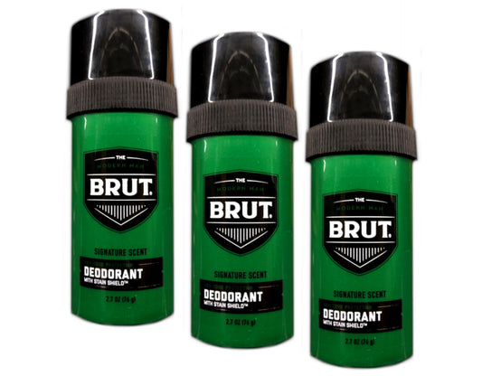 Brut round solid deodorant for men 3-pack on display for daily use