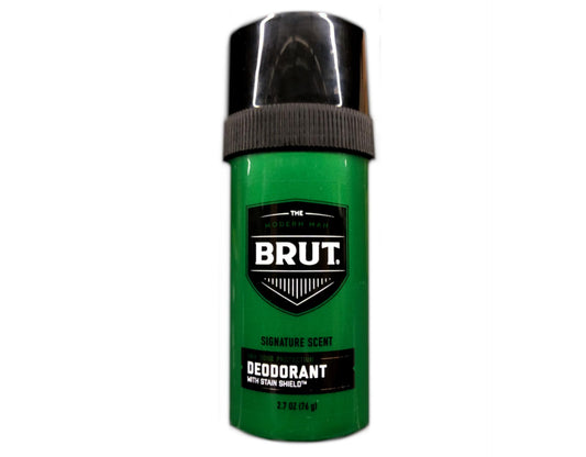 Brut solid deodorant block close-up showing easy-to-use round design