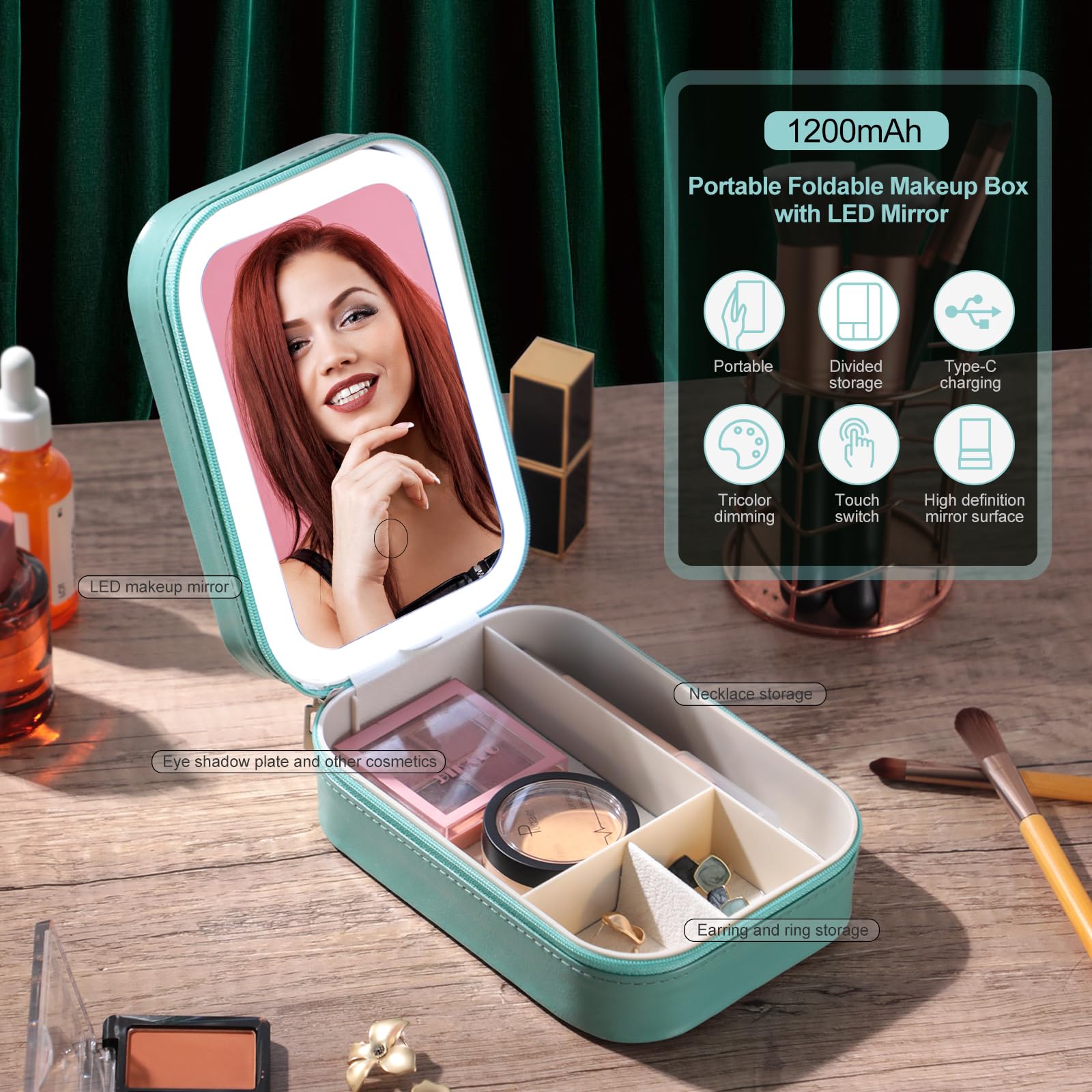 BS-MALL travel cosmetic mirror case, open, shows divided storage for tools.