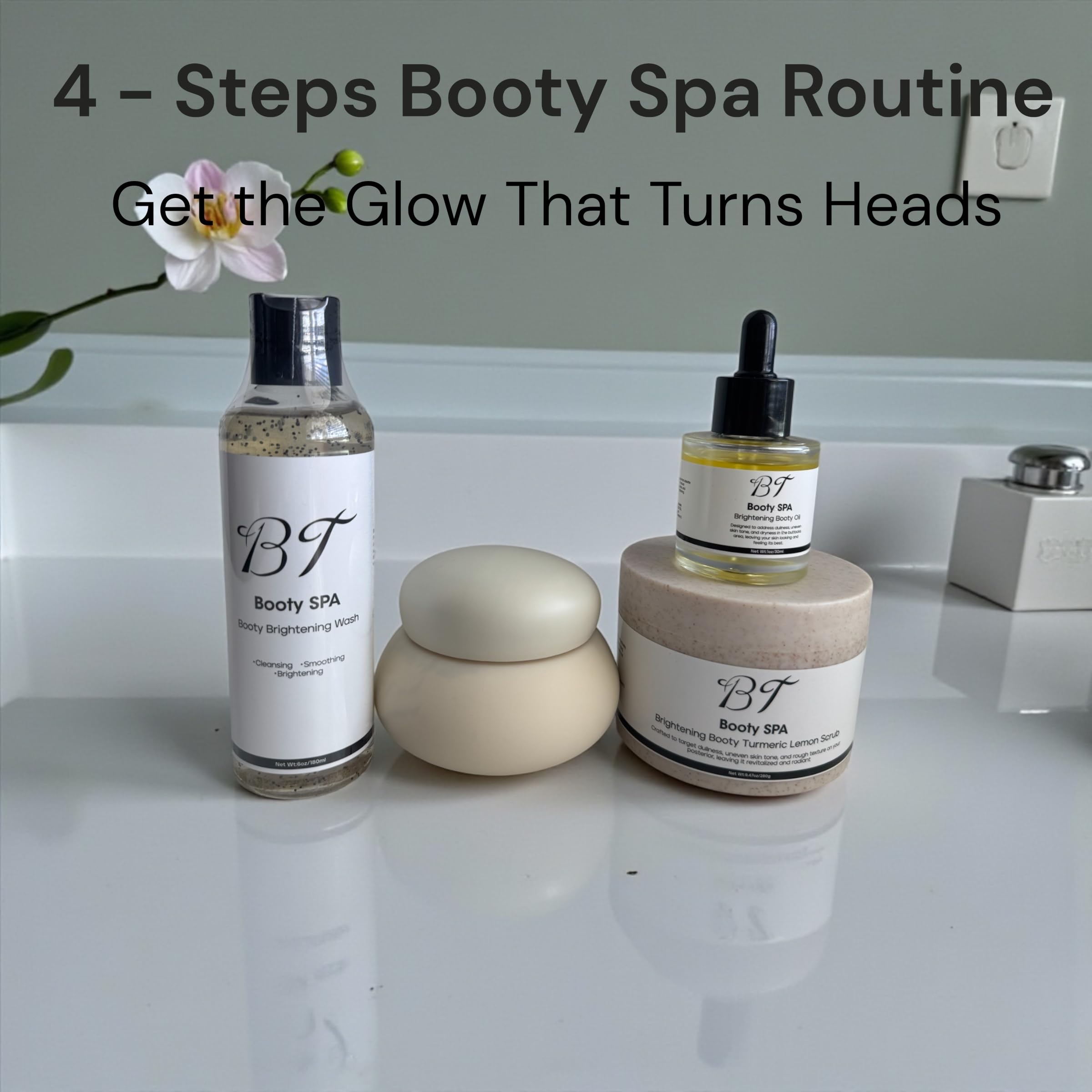 BT Booty Spa Scrub applying motion on skin suggesting spa-like self-care.