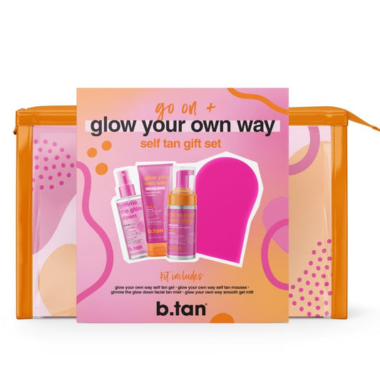 B.TAN Clear Self Tan Gel travel kit packaging ready for on-the-go glow.