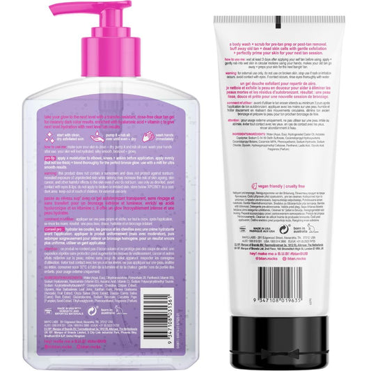 B.TAN exfoliating scrub and body wash prepares skin for even color.