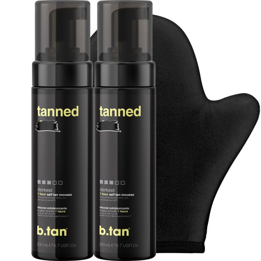 B.TAN sunless tanning mousse two-pack bottles offer deep color development for body and face.