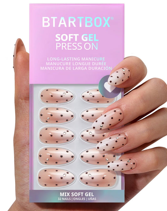 BTArtbox Almond Gala Polka 3D nails in almond shape with ombre polka dots for a natural look
