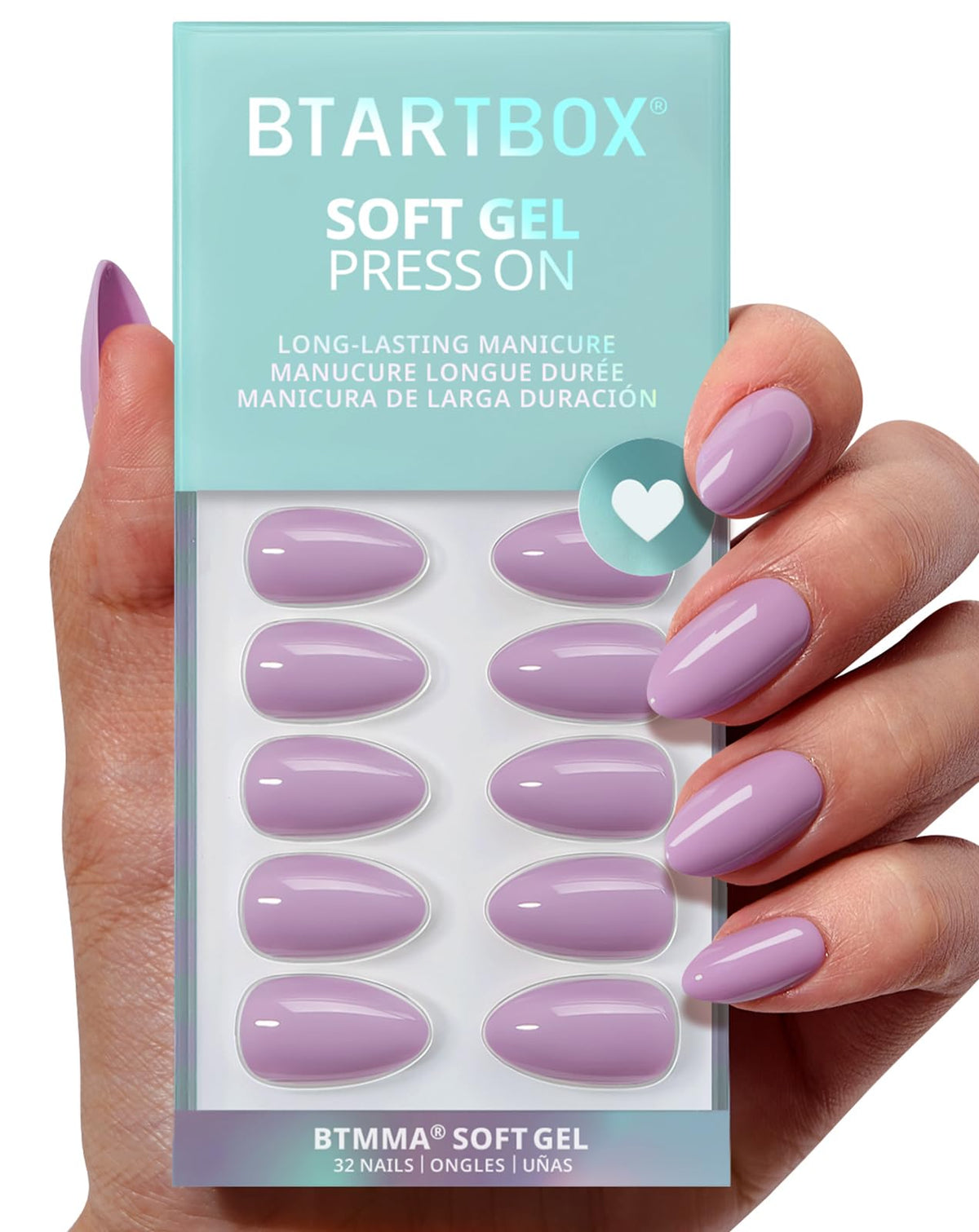 BTArtbox almond-lavender-purple short nails closeup, natural fit for daily wear