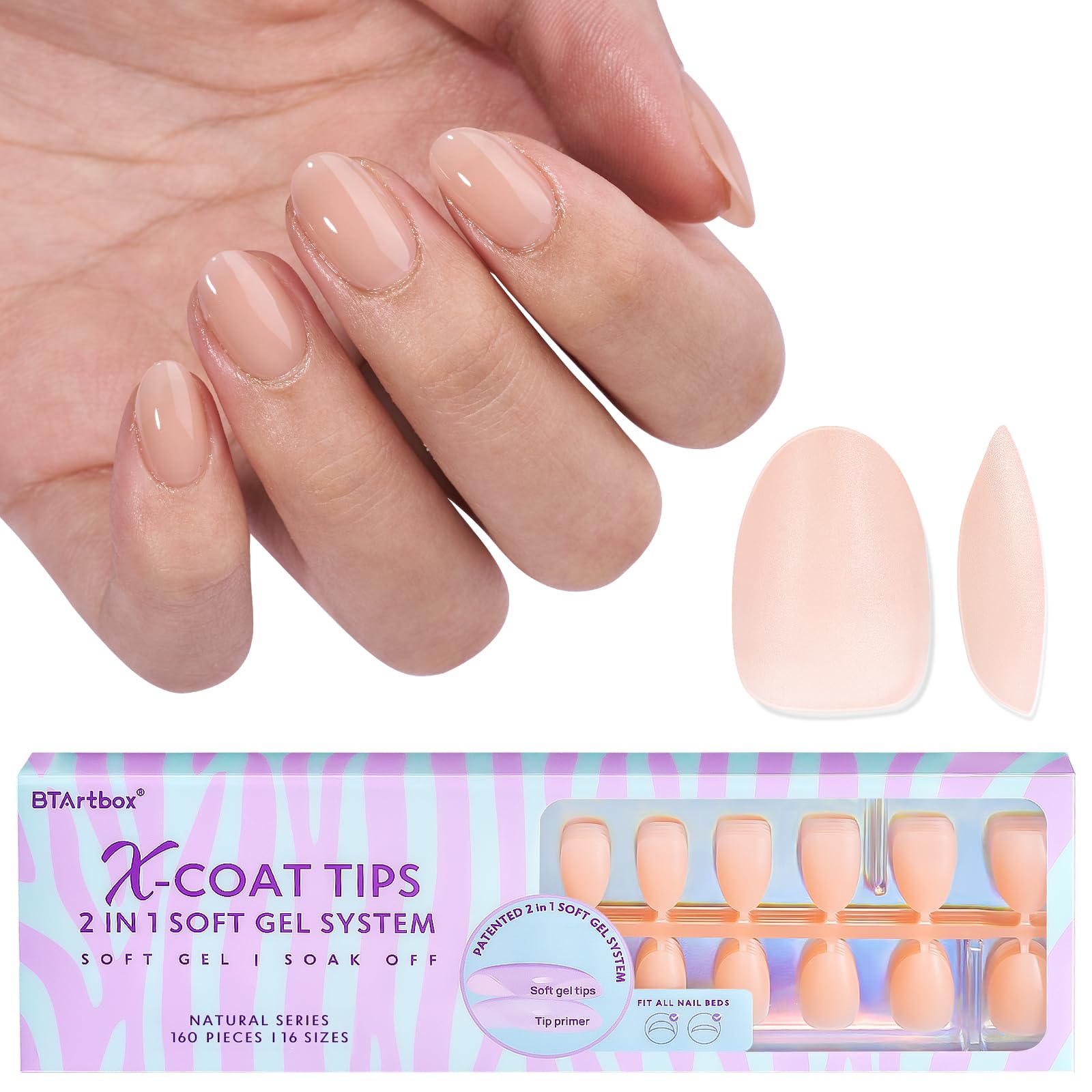 BTArtbox almond nail tips 160pcs set for quick, lasting press-on nails.