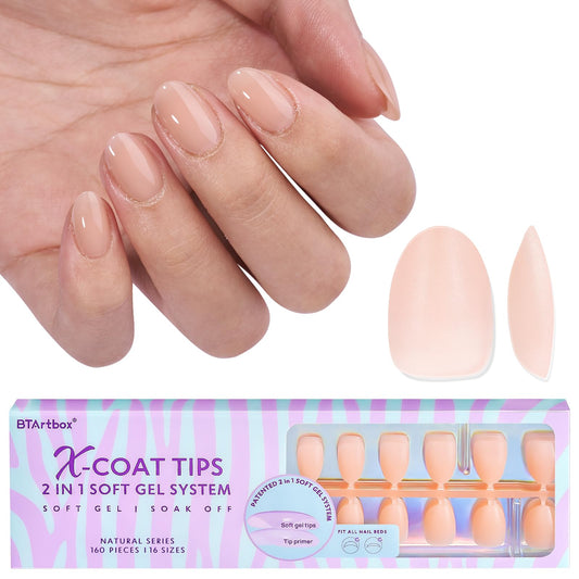 BTArtbox almond nail tips 160pcs set for quick, lasting press-on nails.