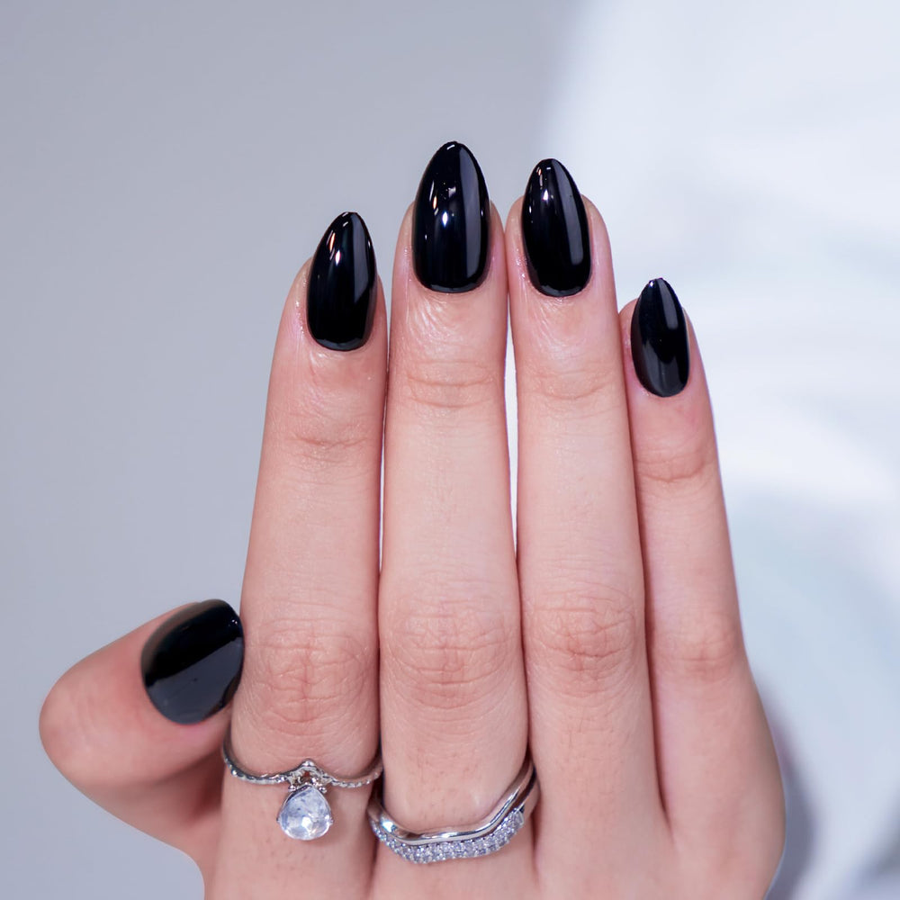 BTArtbox almond press-on nails demonstrate flexible soft gel for comfort.
