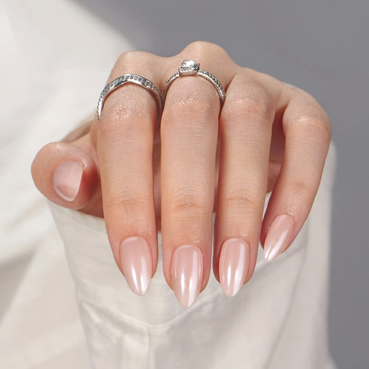 BTArtbox Nudies almond nails close-up with natural nude gloss