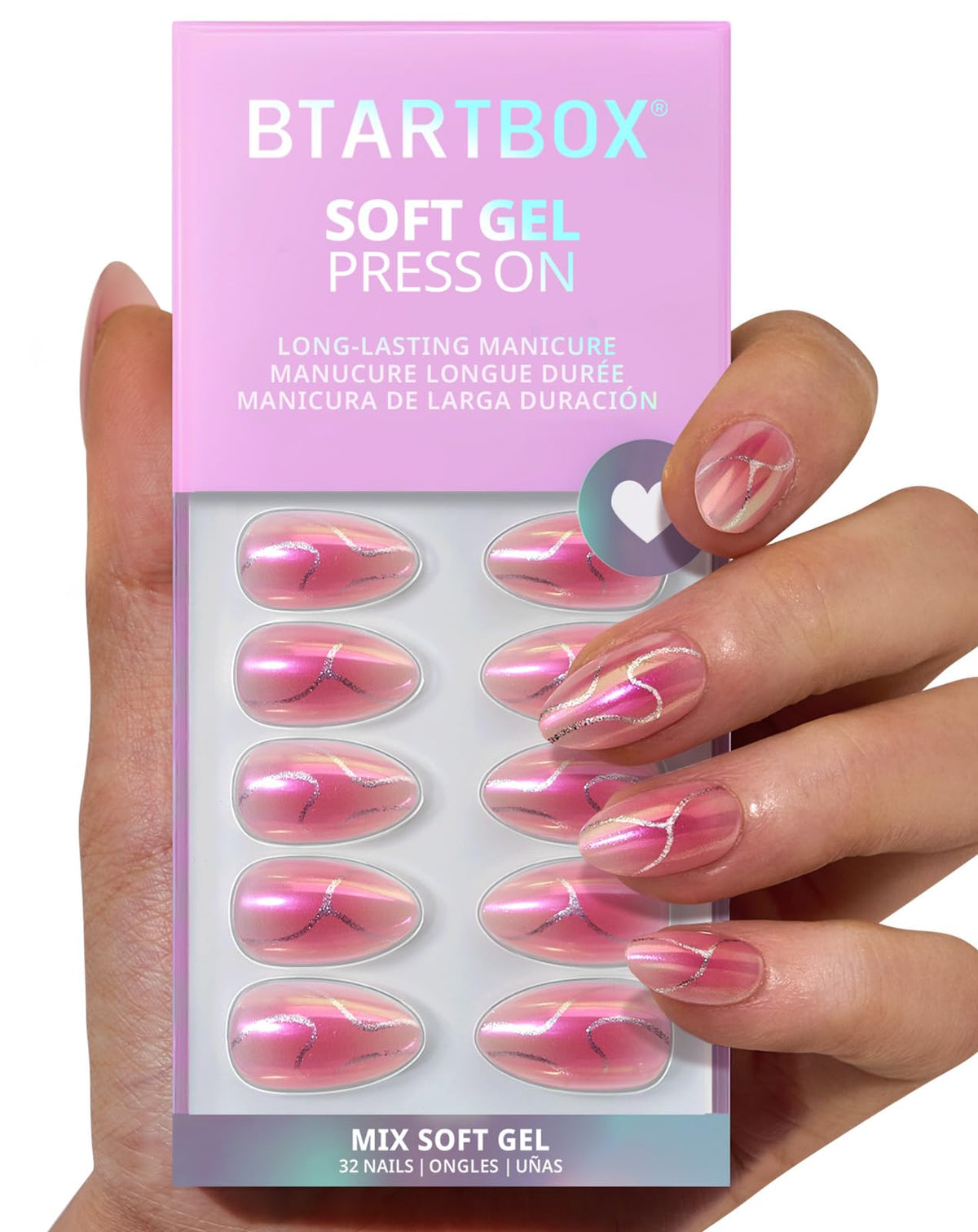 BTArtbox almond neon gradient pink chrome nails on hand for bold style