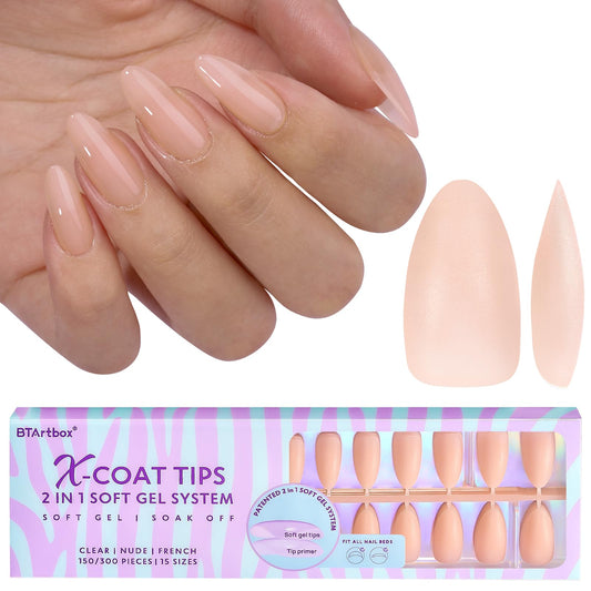 BTArtbox Almond press on nails with soft gel tips showing nude base for natural look