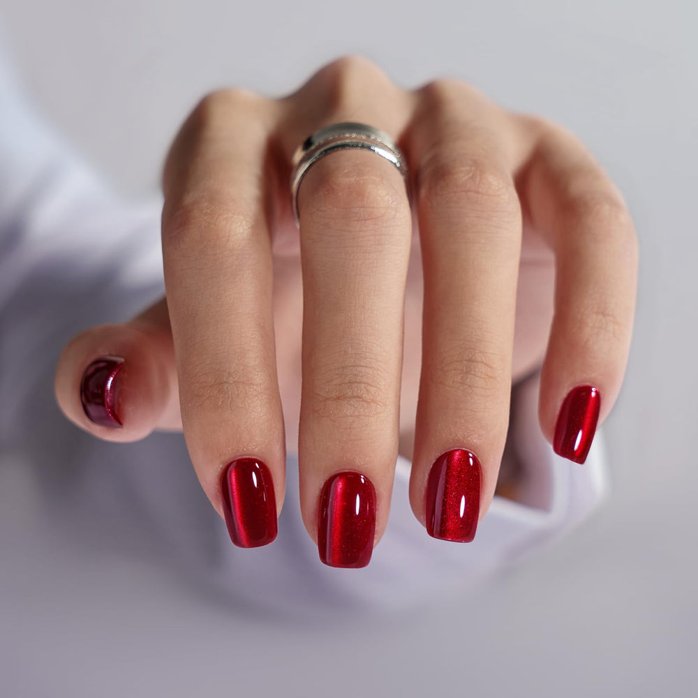 BTArtbox cat-eye red square press-on nails for a bold salon-like finish