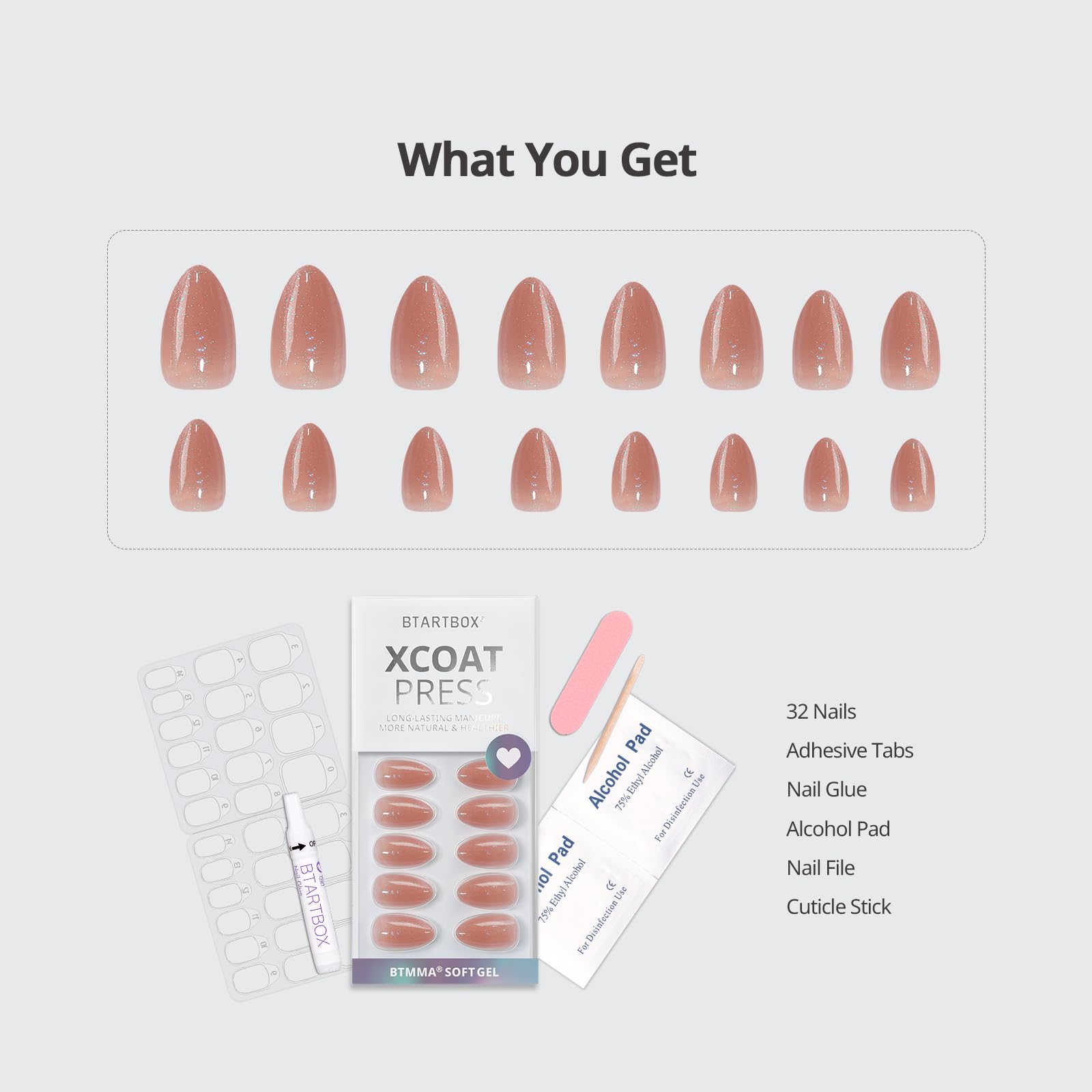 BTArtbox complete kit with 32 nails and glue for DIY nails.