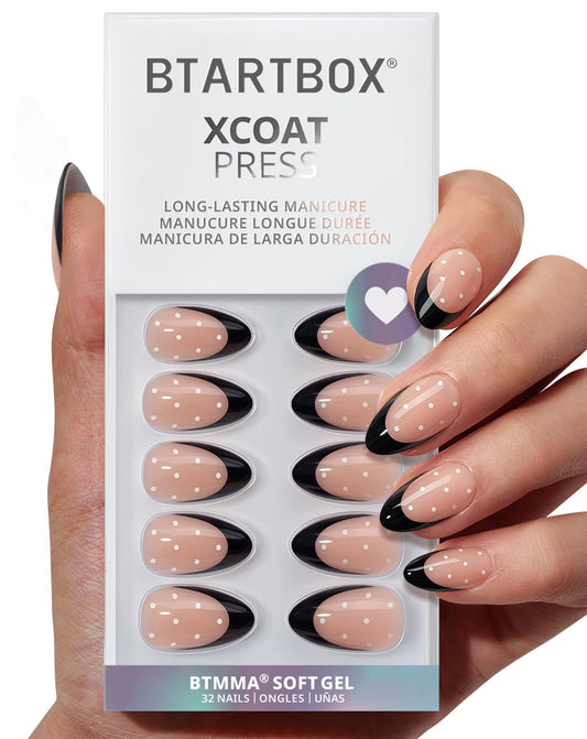 BTArtbox Dot Couture almond nails with black French tip, natural-looking finish for everyday wear.