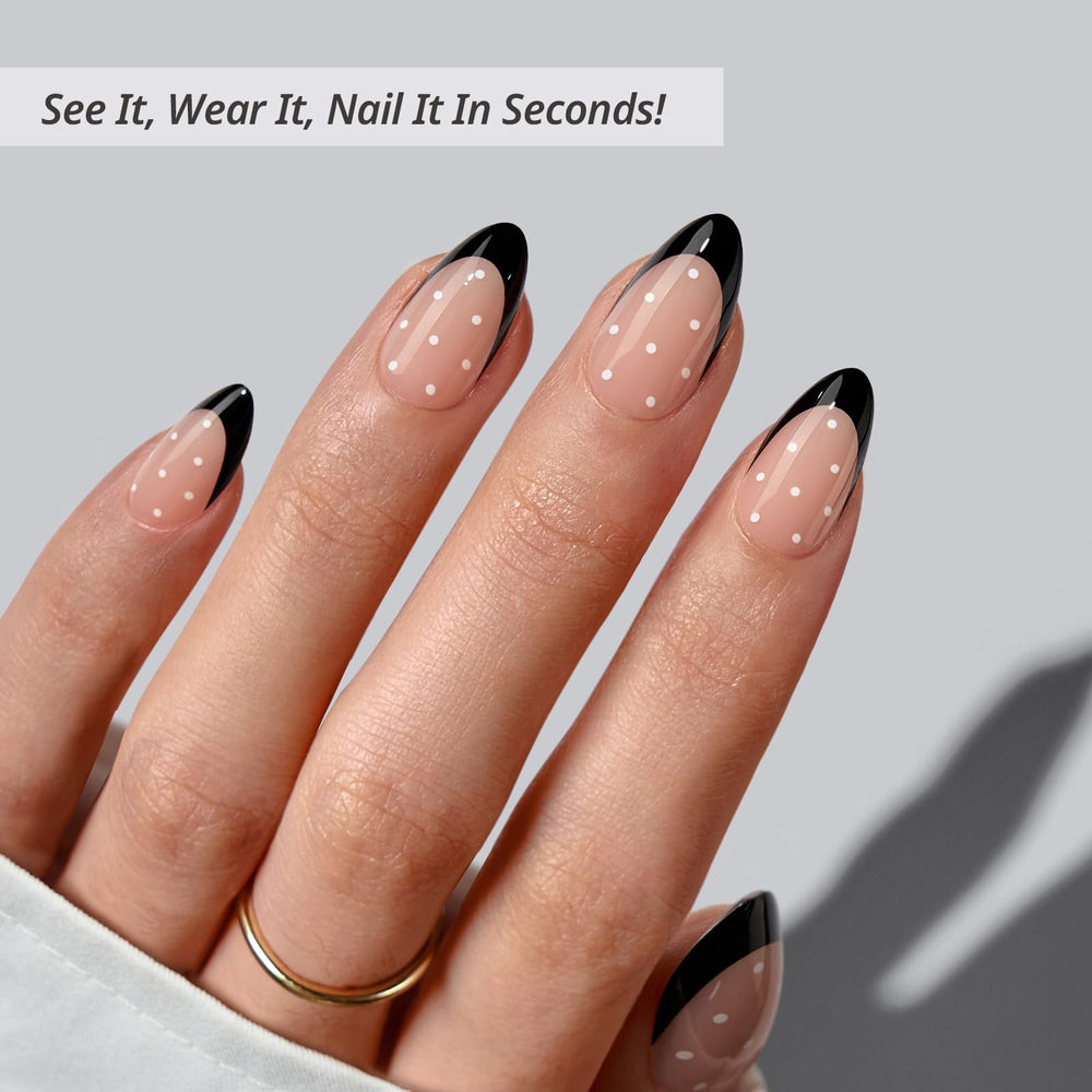 BTArtbox Dot Couture press-on nails demonstration of quick at-home application steps.