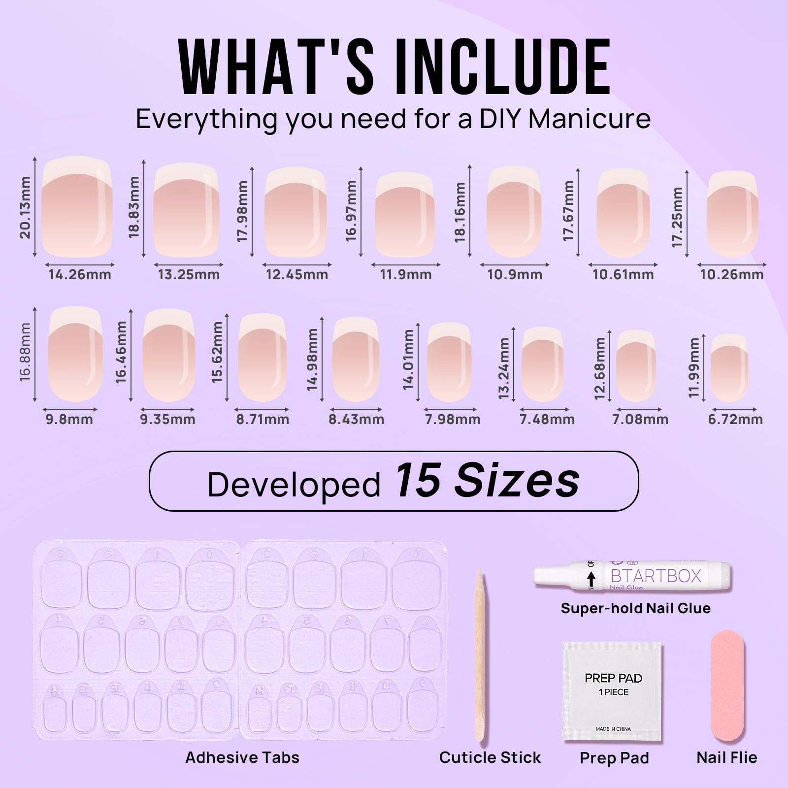 BTArtbox offers 15 nail sizes for a precise, comfortable fit across nail shapes.