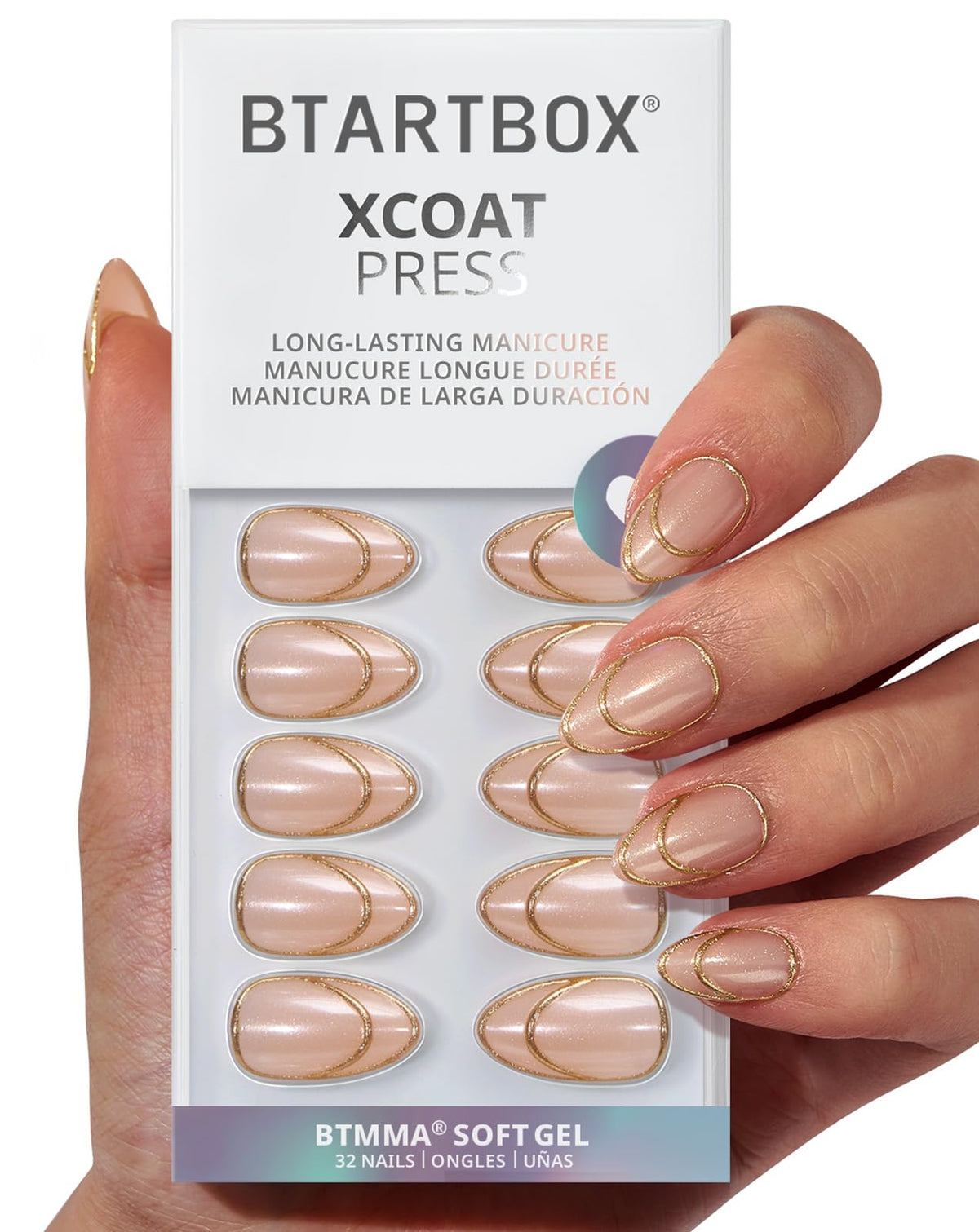 BTArtbox French Tip nails in double gold, short almond shape, complete at-home manicure kit
