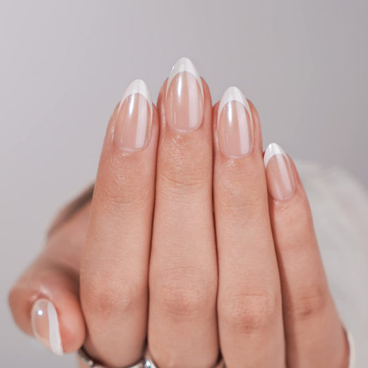 BTArtbox French Tip press-on nails in white almond medium, salon-like at-home manicure.