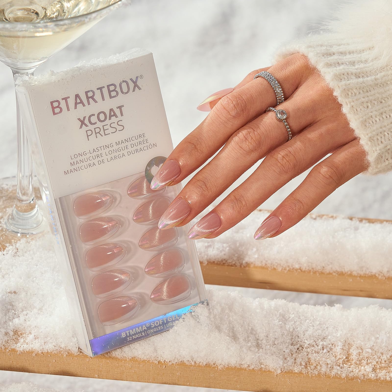 BTArtbox lamp-curable nails in application close-up for fast at-home manicure.