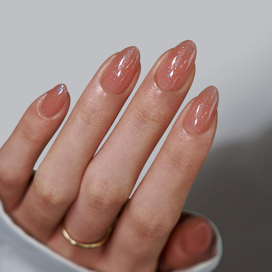 BTArtbox lamp-curable sparkly almond nails close-up for salon-like finish.