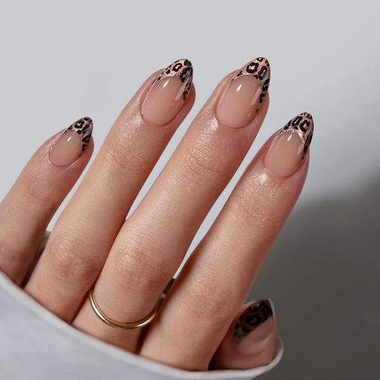BTArtbox leopard French tip nails showcase stylish short almond shape.