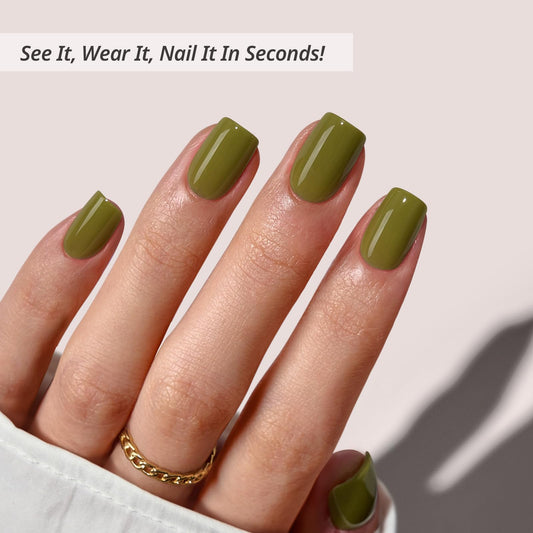 BTArtbox Moss Muse close-up of olive-green squoval nails for natural blend.