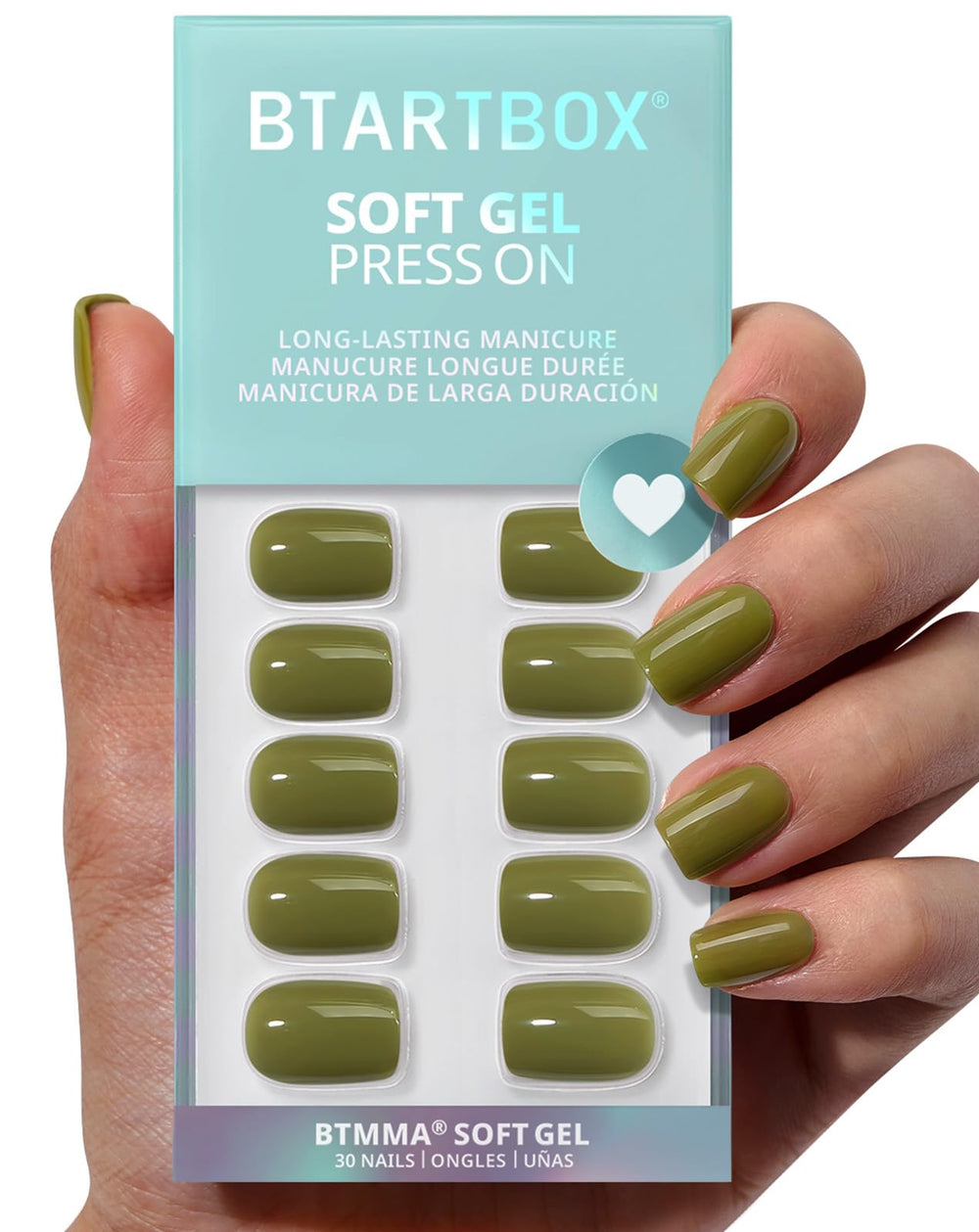 BTArtbox Moss Muse olive-green squoval nails kit ready for at-home manicure.