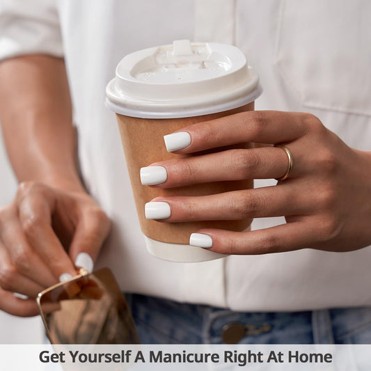 BTArtbox pastel white square nails worn on a fingernail for natural look
