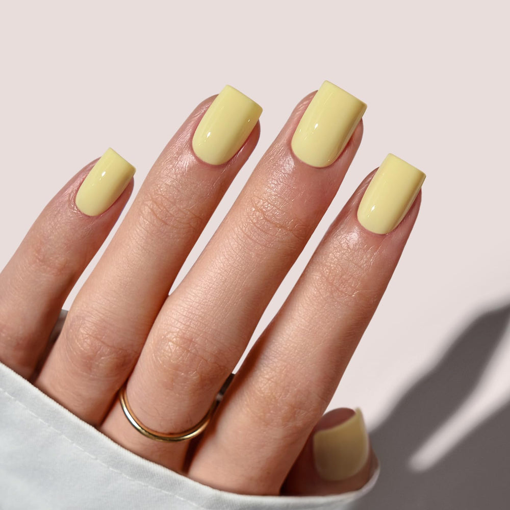 BTArtbox pastel yellow square nails close-up showing natural, flexible look for daily wear