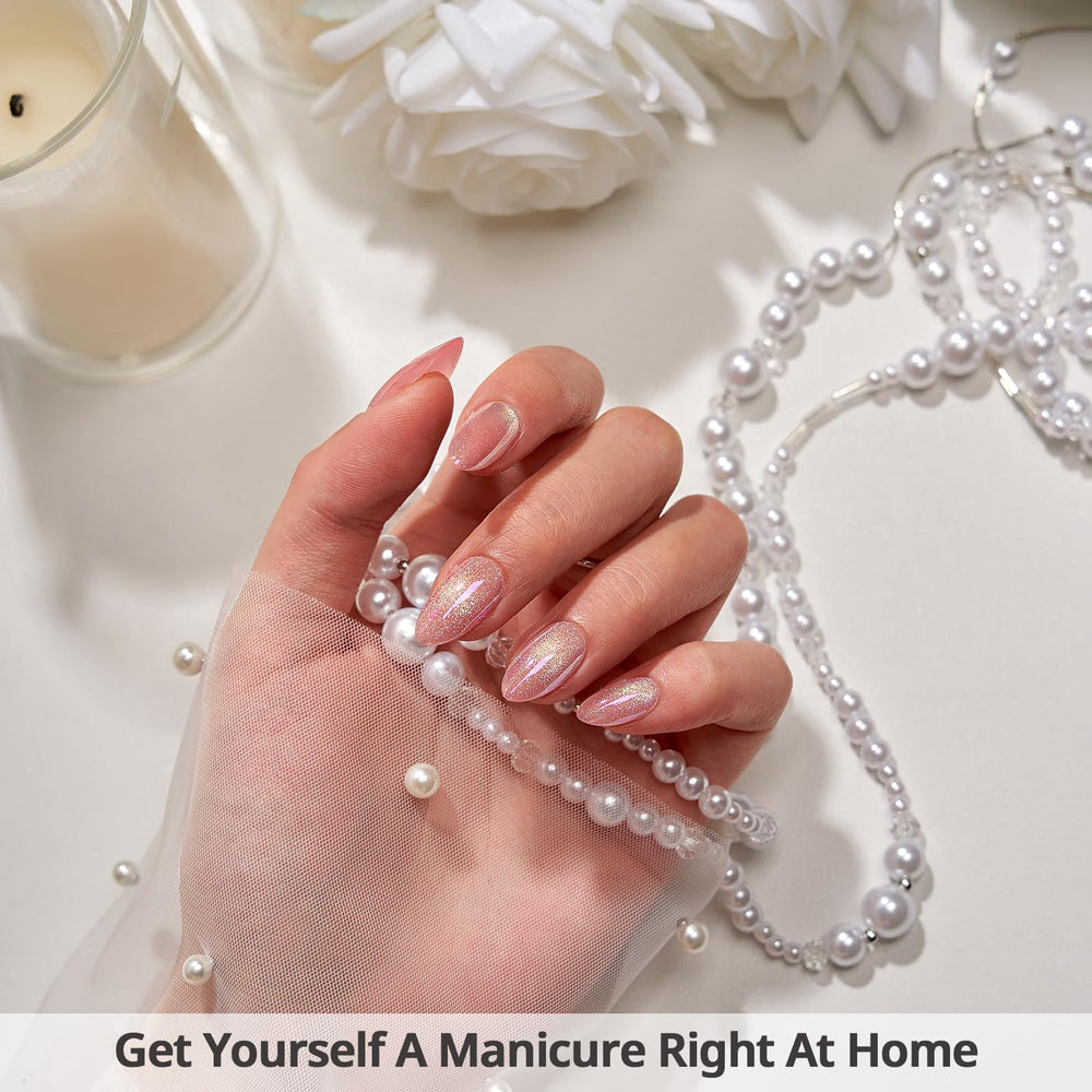 BTArtbox pink cat eye almond nails 16-sizes chart for perfect fit.