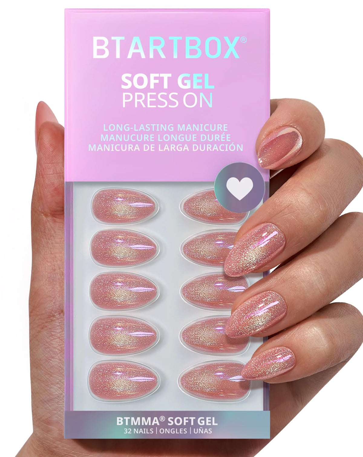 BTArtbox pink cat eye almond nails closeup for long-lasting wear.