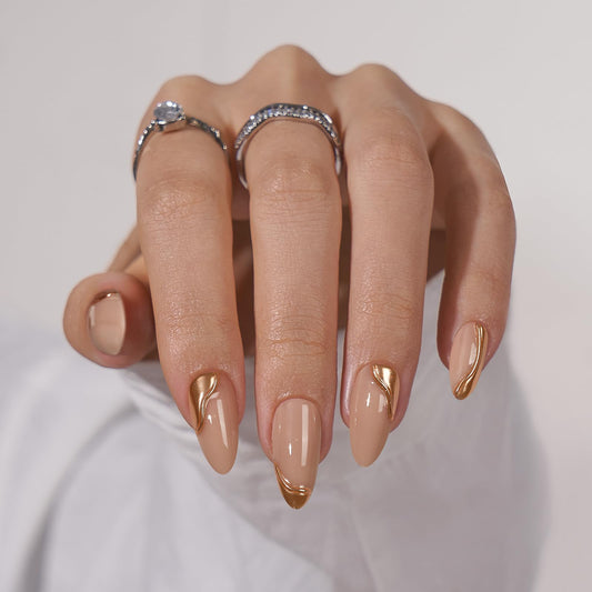 BTArtbox almond 3D sculpting metallic design nails for standout style.