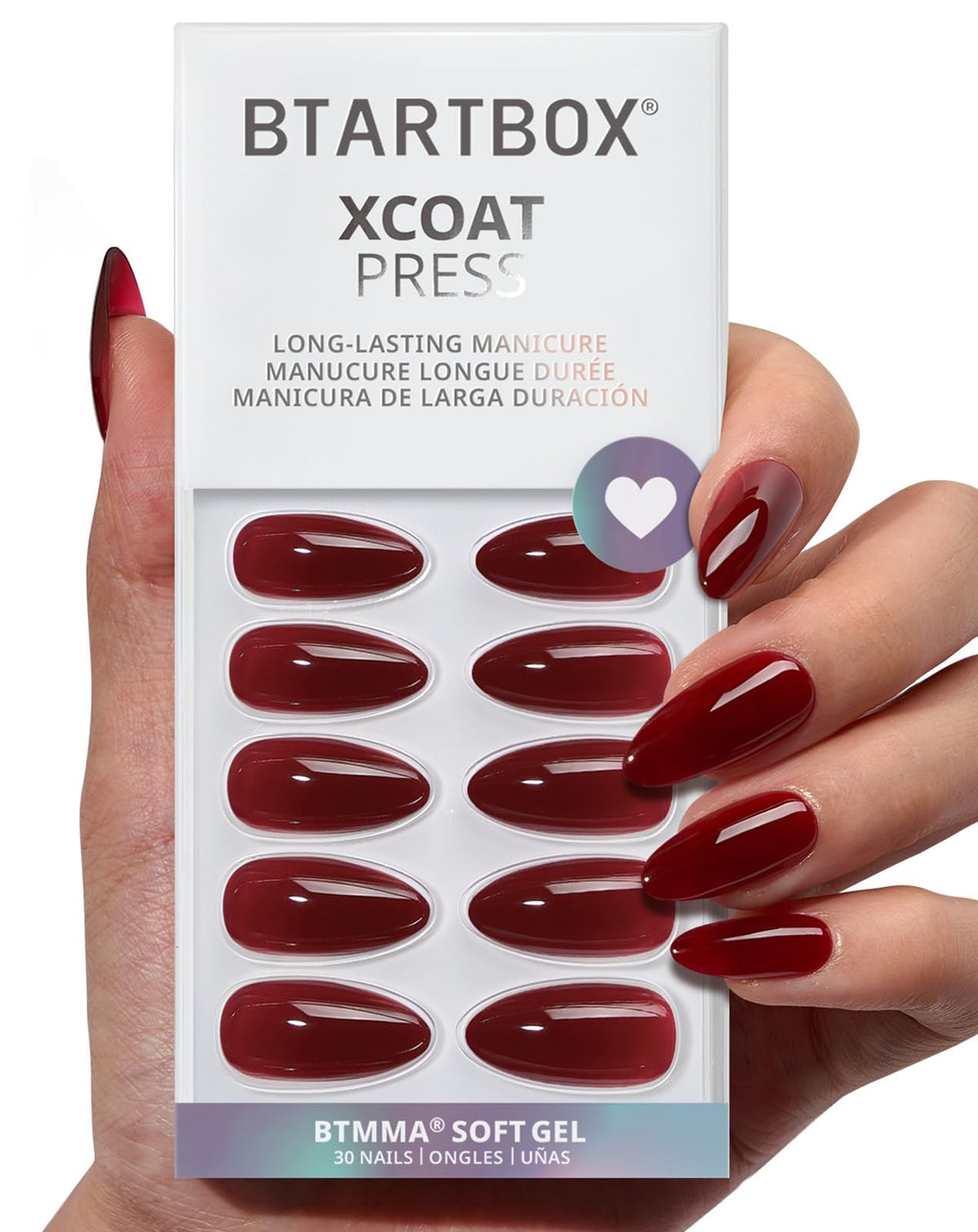 BTArtbox almond press-on nails in dark red kit for natural look and flexible wear