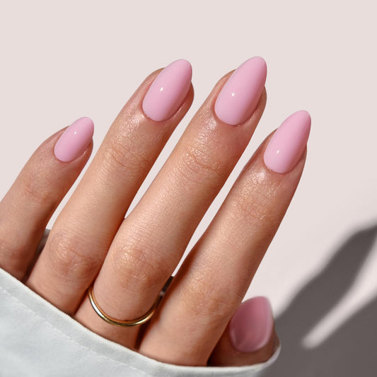 BTArtbox almond press-on nails in pastel baby pink for a quick, natural-looking manicure
