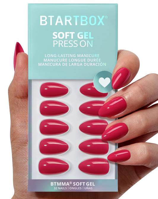 BTArtbox Raspberry Red almond press-on nails pack for a natural look