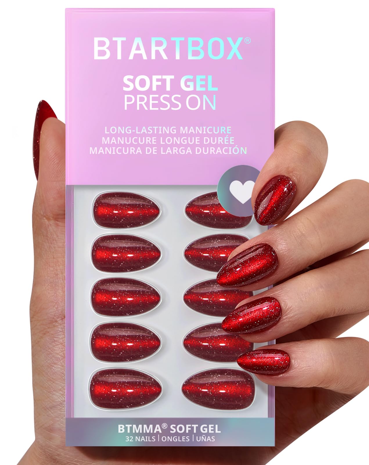 BTArtbox press-on nails short red sparkle almond for quick, stylish manicure.