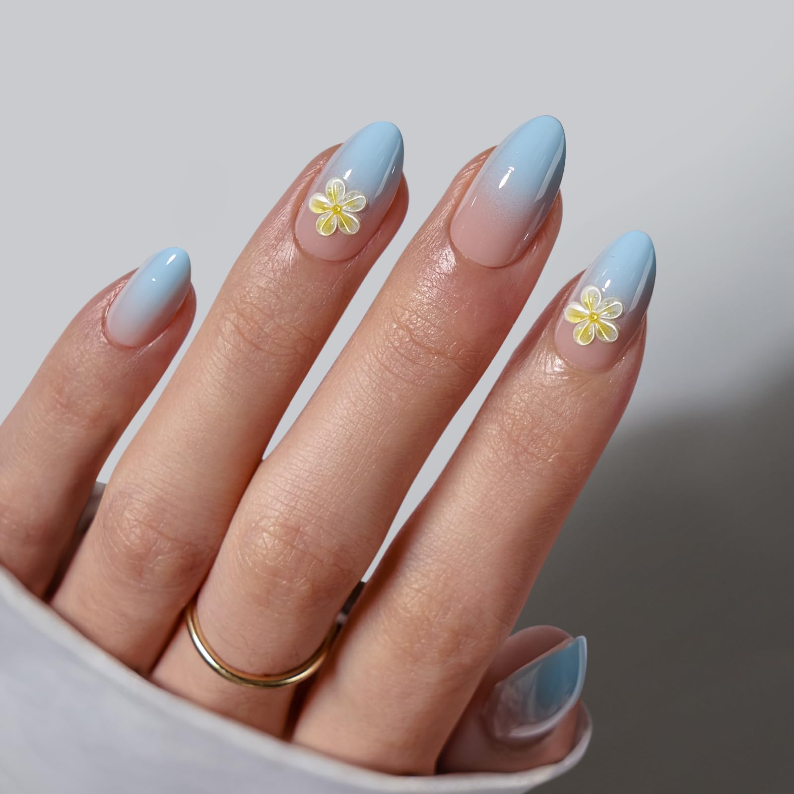 BTArtbox press-on nails short ombre flower almond showing natural seamless fit for everyday wear