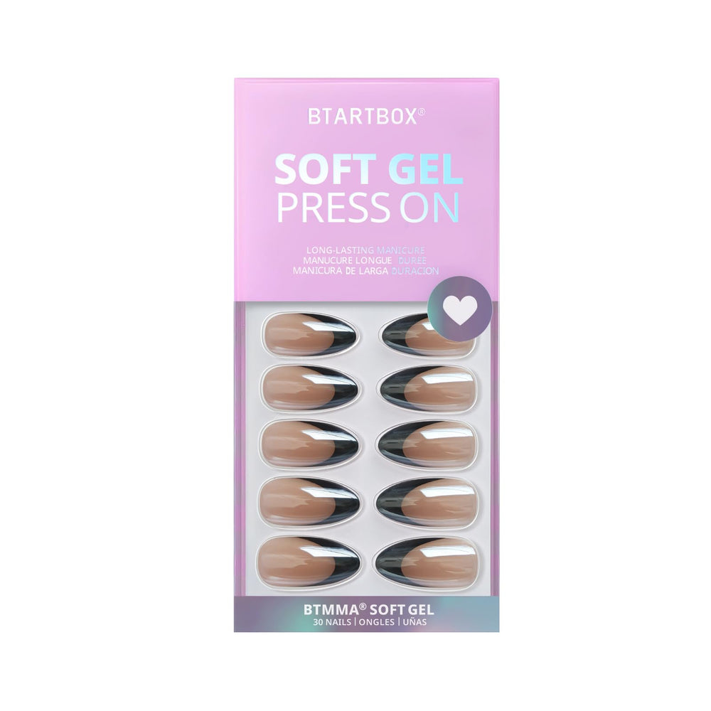 BTArtbox Semi-transparent black tip nails with chrome glaze for bold looks.