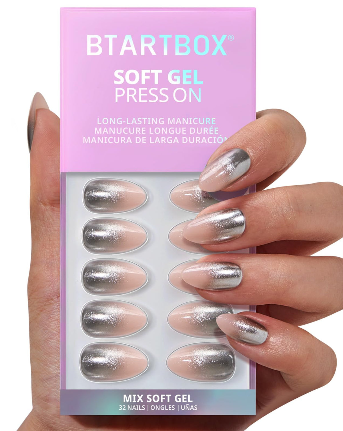 BTArtbox Silver Fizz chrome glitter almond nails closeup, radiant shine for stylish evenings